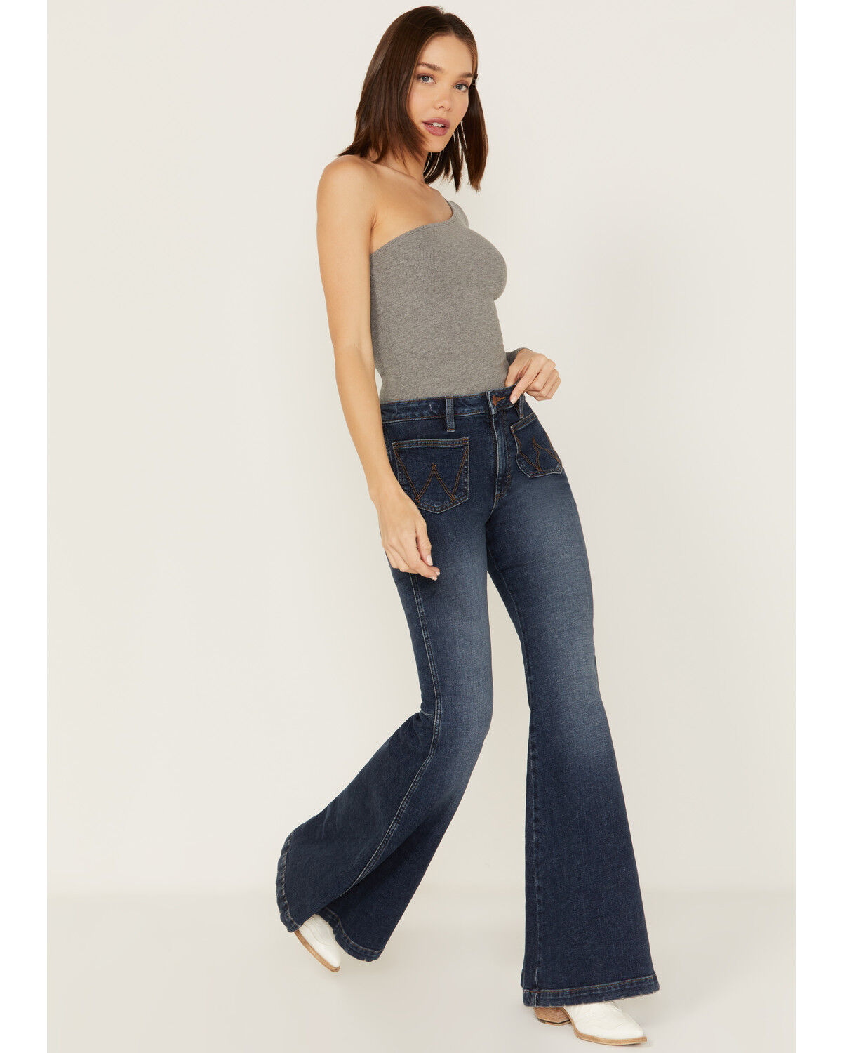 Image #1 - Wrangler Retro Women's Medium Wash High Rise Flare Patch Pocket Victoria Jeans, Blue, hi-res