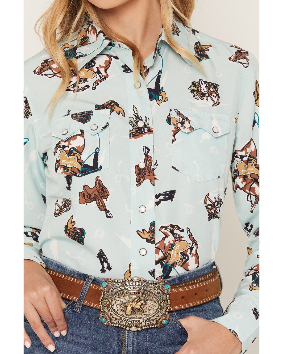 Image #3 - Cruel Girl Women's Horse Conversational Print Long Sleeve Snap Western Shirt, Light Blue, hi-res