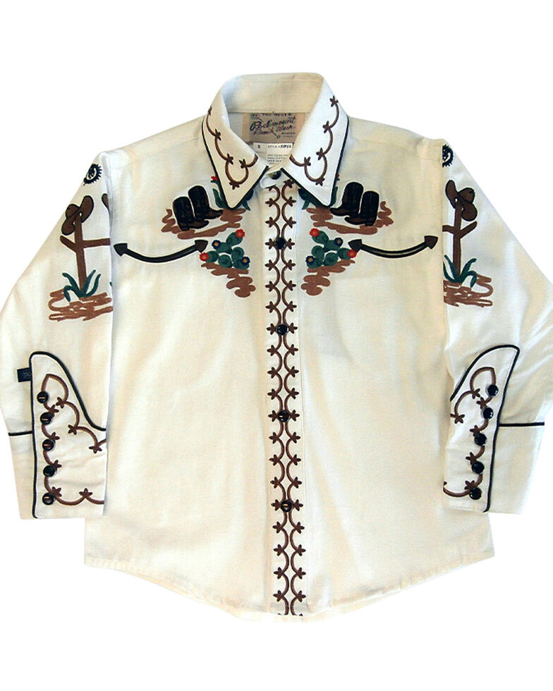 Rockmount Ranchwear Boys' Cactus & Cowboy Boots Embroidered Ivory Western Shirt, Ivory, hi-res