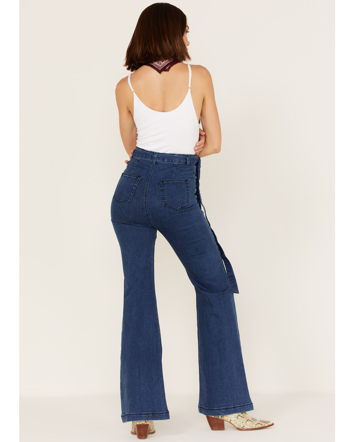 Image #3 - Flying Tomato Women's High Rise Self Belt Flare Leg Jeans, Blue, hi-res