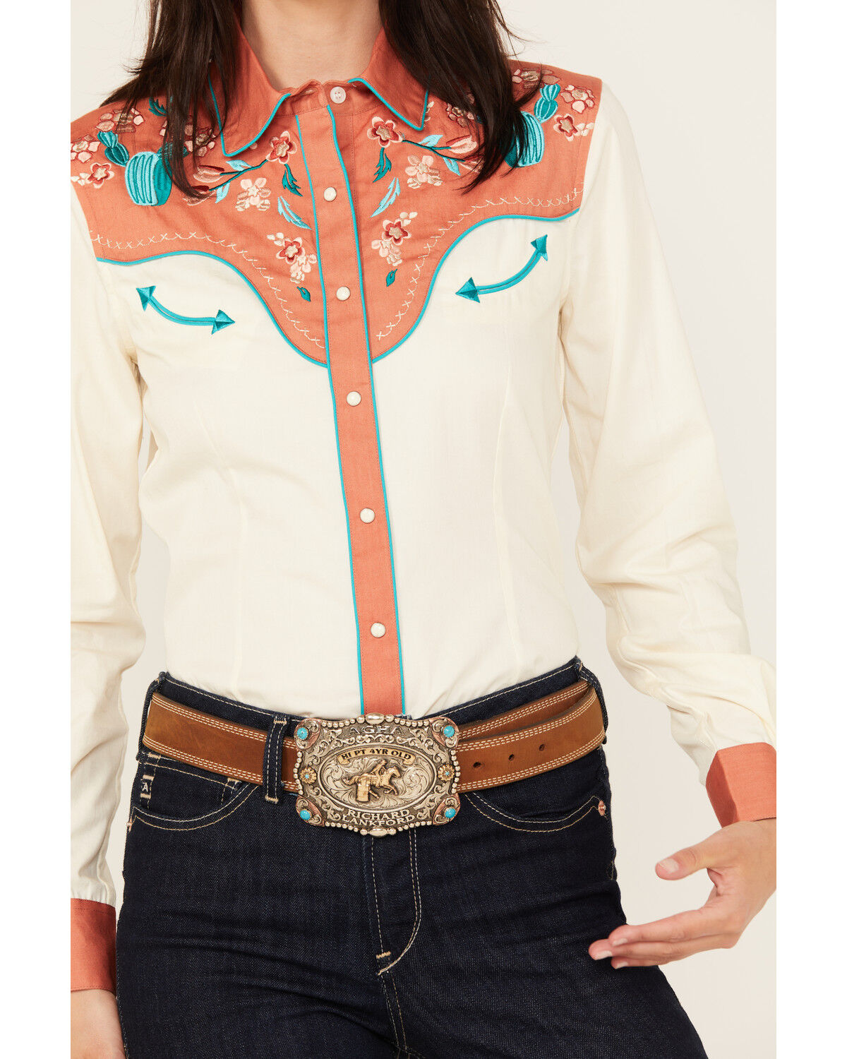 Image #3 - Panhandle Women's Retro Curved Yoke Long Snap Western Shirt, Cream, hi-res