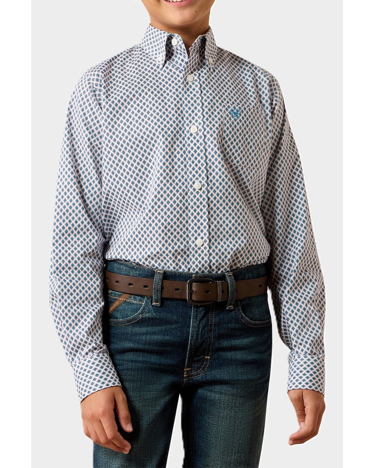 Image #1 - Ariat Boys' Geo Print Long Sleeve Button-Down Western Shirt, White, hi-res