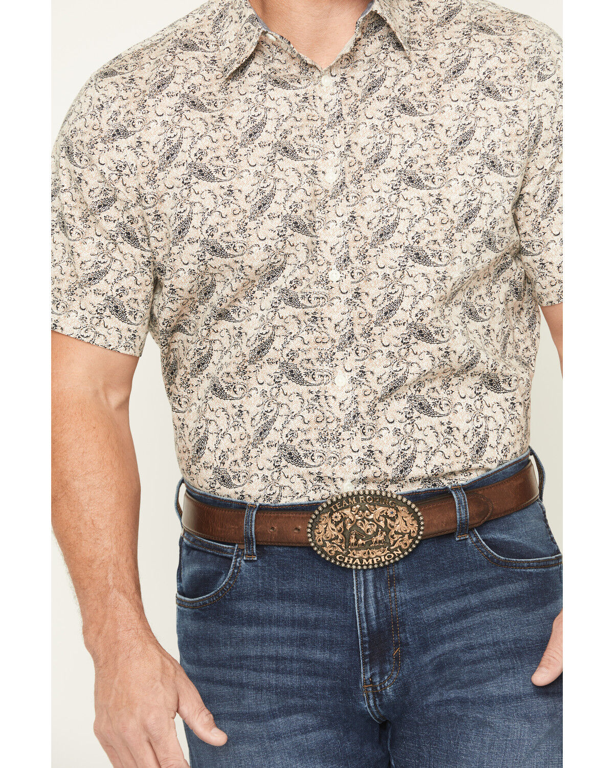 Image #3 - Cody James Men's Mustang Mode Paisley Print Short Sleeve Button-Down Stretch Western Shirt, Cream, hi-res