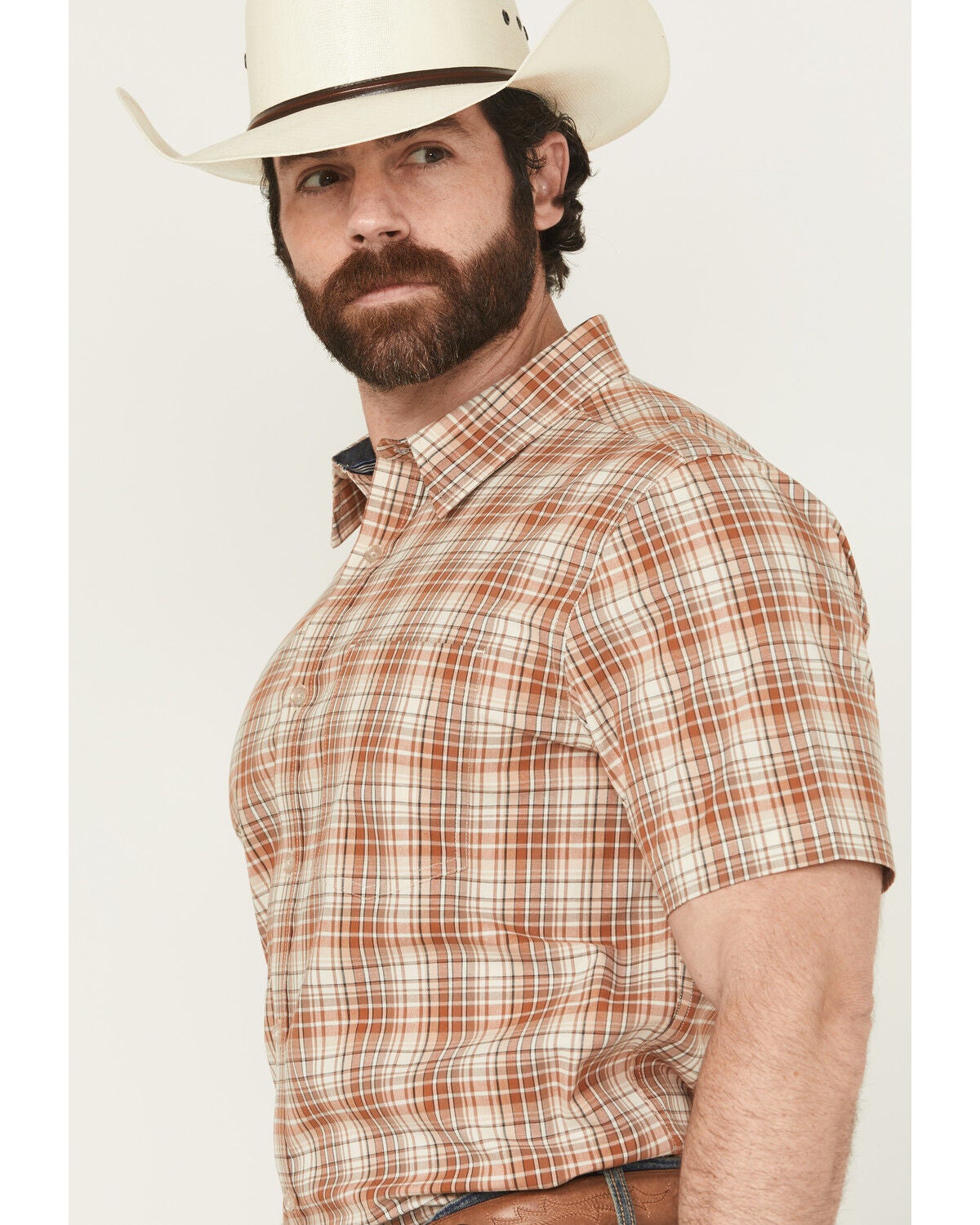 Image #2 - Cody James Men's Cowboy Chic Plaid Print Short Sleeve Button-Down Stretch Western Shirt, Cream, hi-res