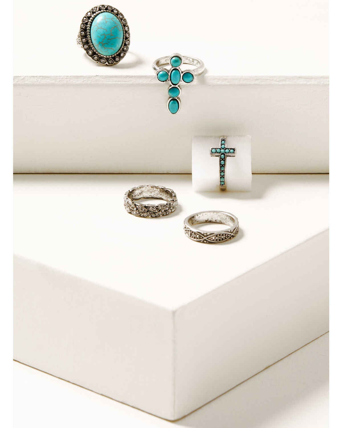 Image #1 - Shyanne Women's Silver & Turquoise Stone Cross 5-piece Ring Set, Silver, hi-res