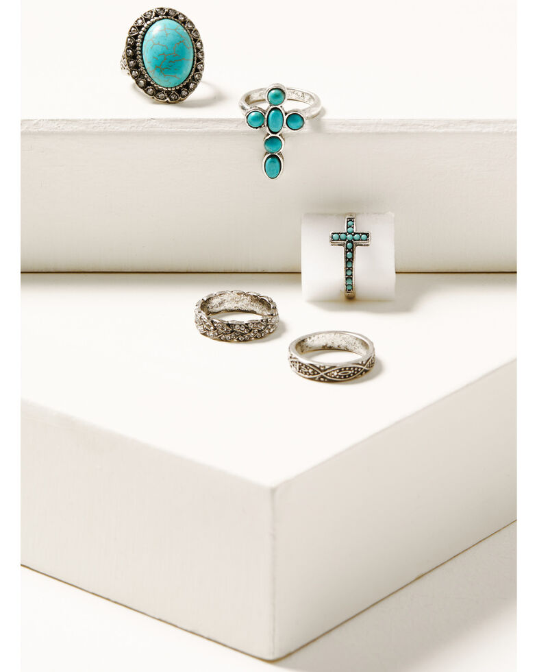 Shyanne Women's Silver & Turquoise Stone Cross 5-piece Ring Set, Silver, hi-res