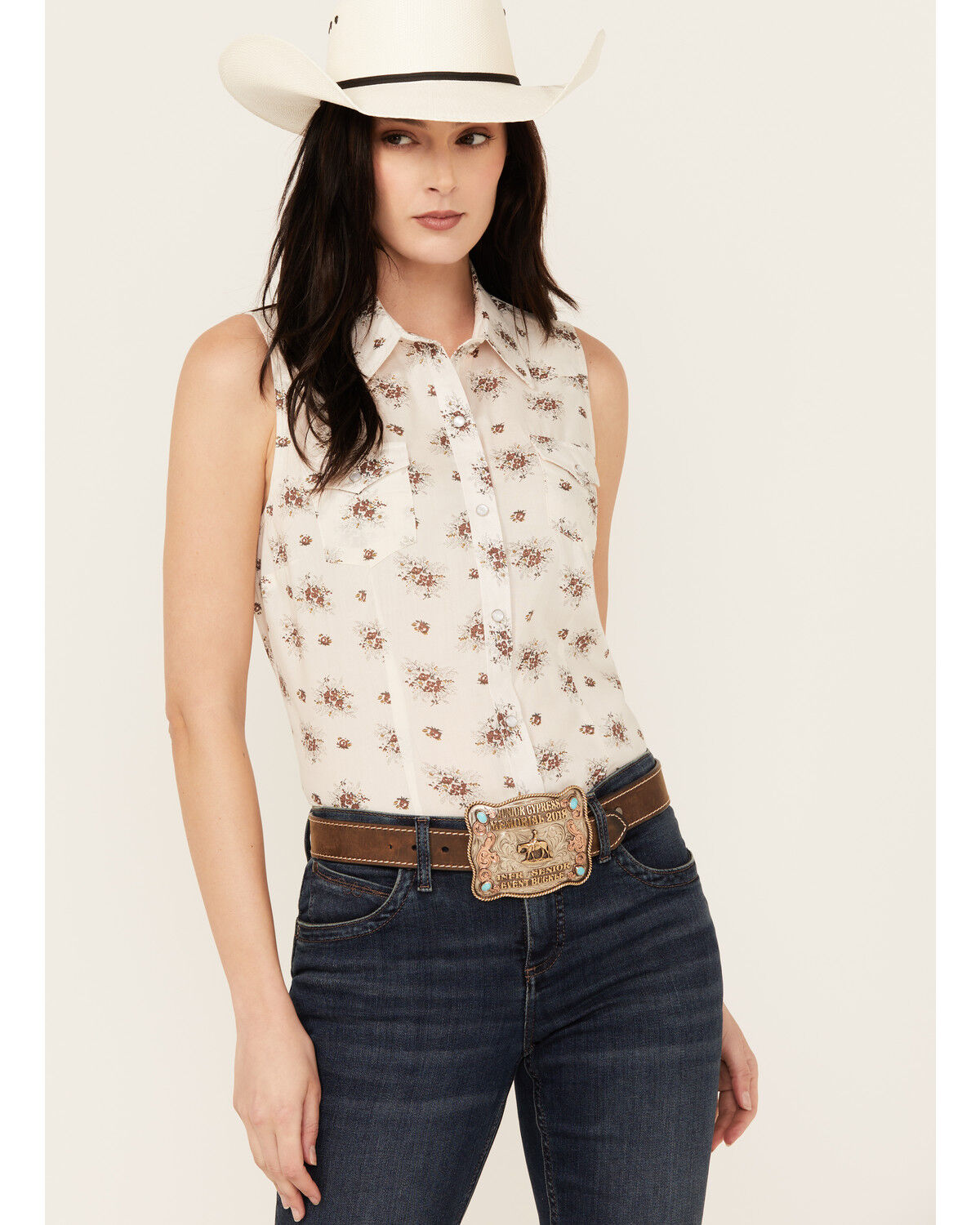 Image #1 - Roper Women's Floral Print Sleeveless Snap Western Shirt, Cream, hi-res