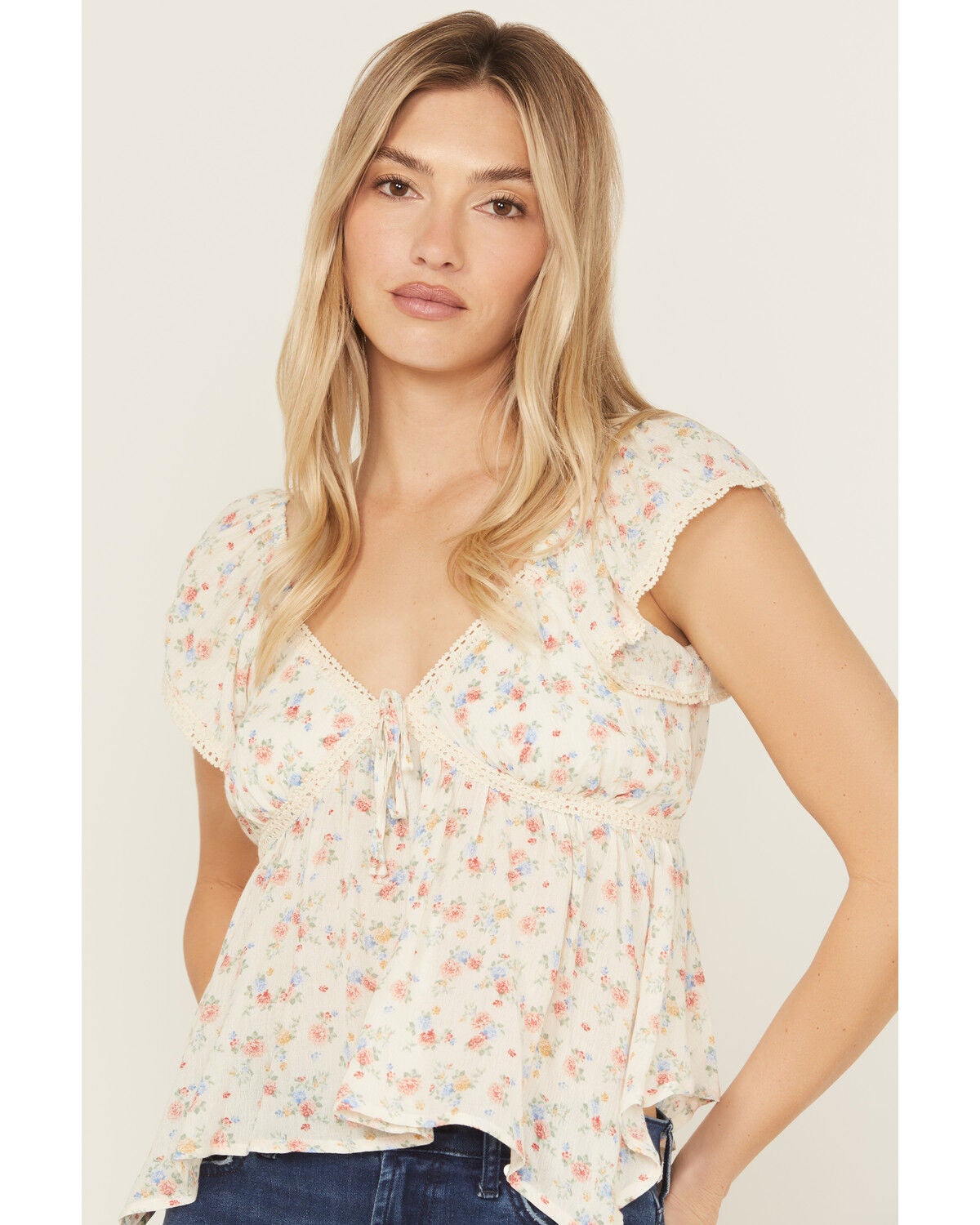 Wild Moss Women's Floral Print Hanky Hem Top, Multi, hi-res