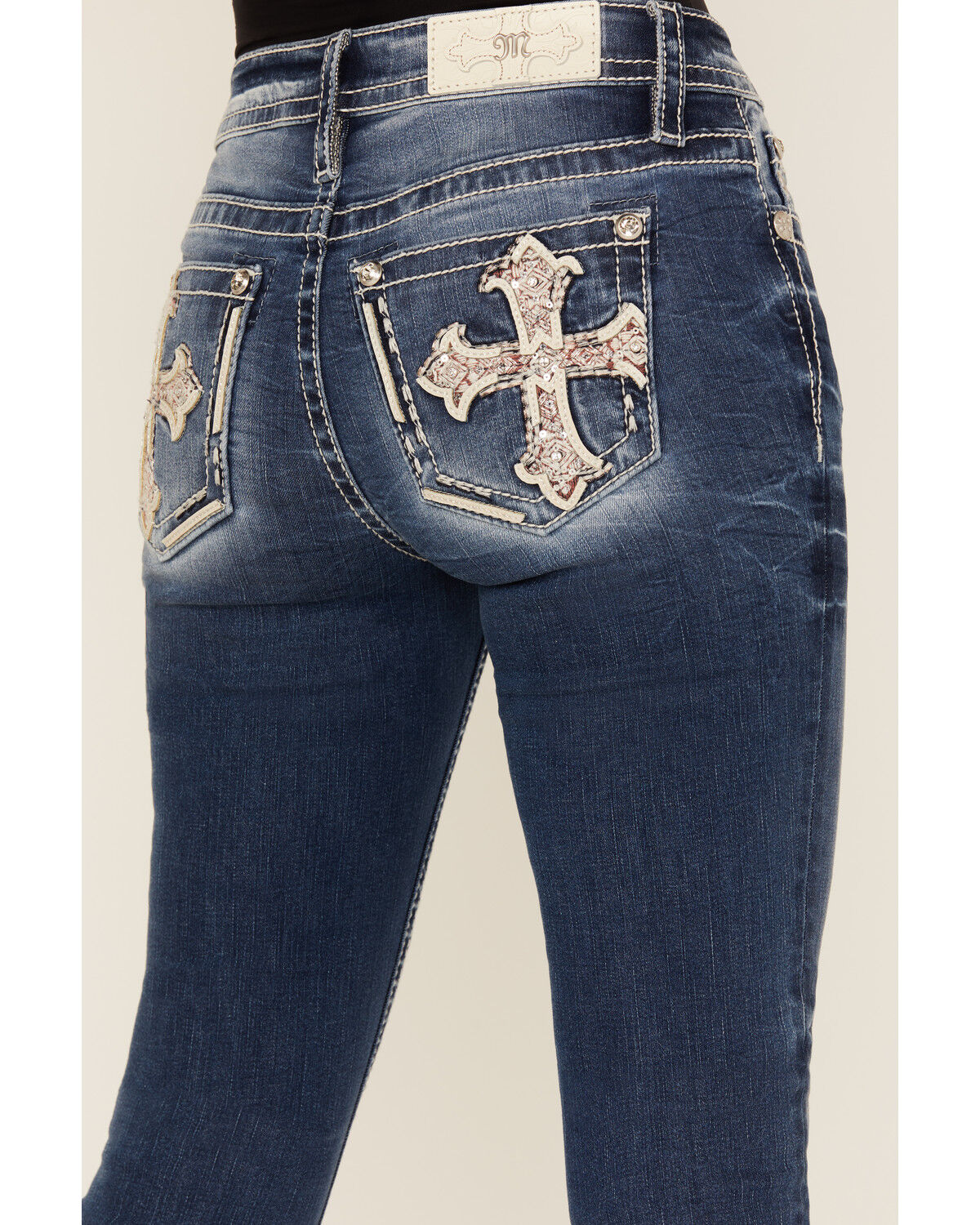Image #2 - Miss Me Women's Dark Wash Mid Rise Cross Pocket Slim Bootcut Stretch Denim Jeans, Medium Wash, hi-res