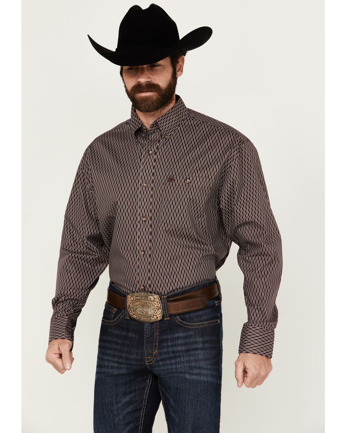Image #1 - Wrangler Men's Classics Geo Print Long Sleeve Button-Down Western Shirt - Big, Burgundy, hi-res