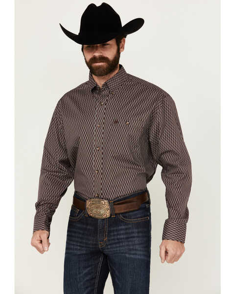 Wrangler Men's Classics Geo Print Long Sleeve Button-Down Western Shirt - Big , Burgundy, hi-res