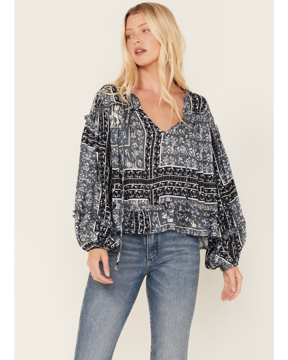 Jen's Pirate Booty Women's Roma Storm Chariot Floral Print Ruffle Top, Black, hi-res