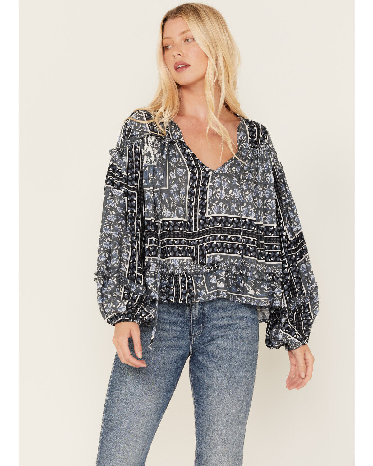 Image #1 - Jen's Pirate Booty Women's Roma Storm Chariot Floral Print Ruffle Top, Black, hi-res