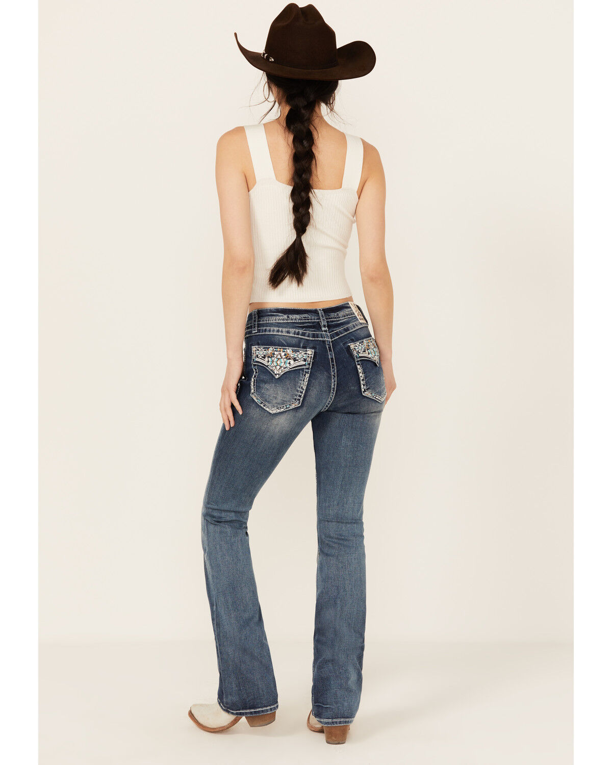 Image #1 - Grace In LA Women's Medium Wash Faux Flap Pocket Mid Rise Bootcut Stretch Denim Jeans, Medium Wash, hi-res