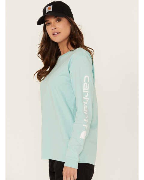 Image #1 - Carhartt Women's Loose Fit Heavyweight Long Sleeve Graphic T-Shirt, Turquoise, hi-res