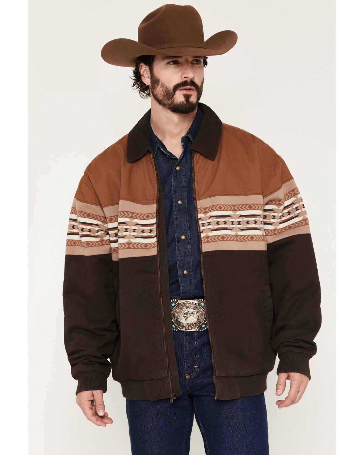 Wrangler Men's Southwestern Border Print Quilt Lined Bomber Jacket, Chocolate, hi-res