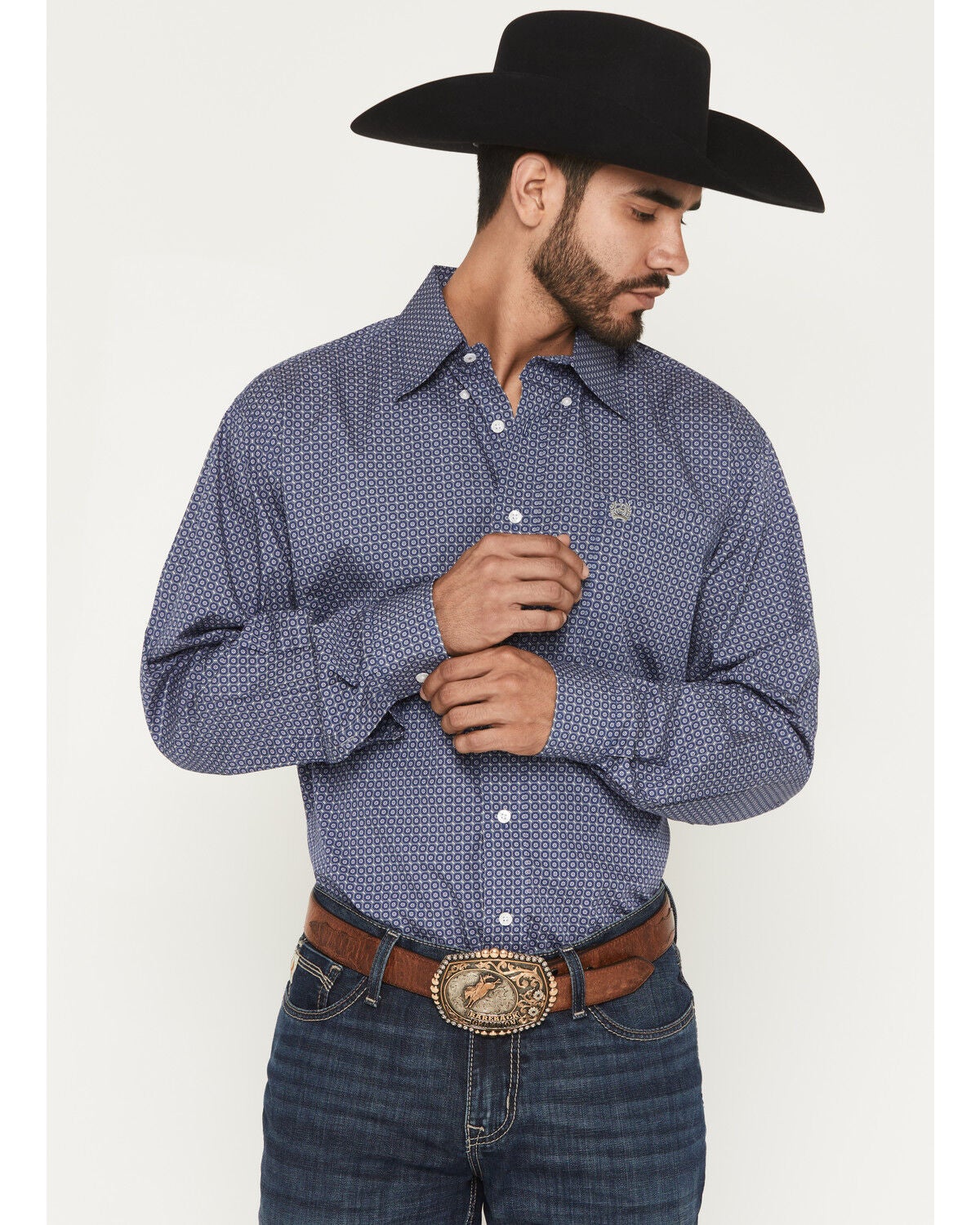 Cinch Men's Floral Geo Print Long Sleeve Button-Down Western Shirt, Royal Blue, hi-res