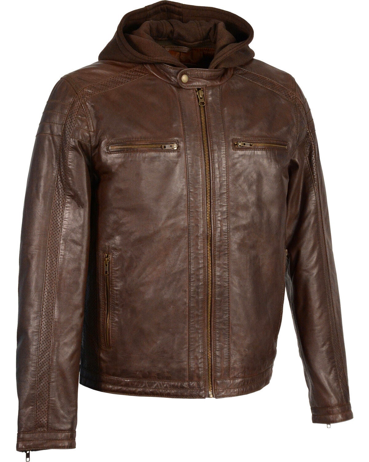 Milwaukee Leather Men's Zipper Front Leather Jacket w/ Removable Hood - Big - 4X, Brown, hi-res