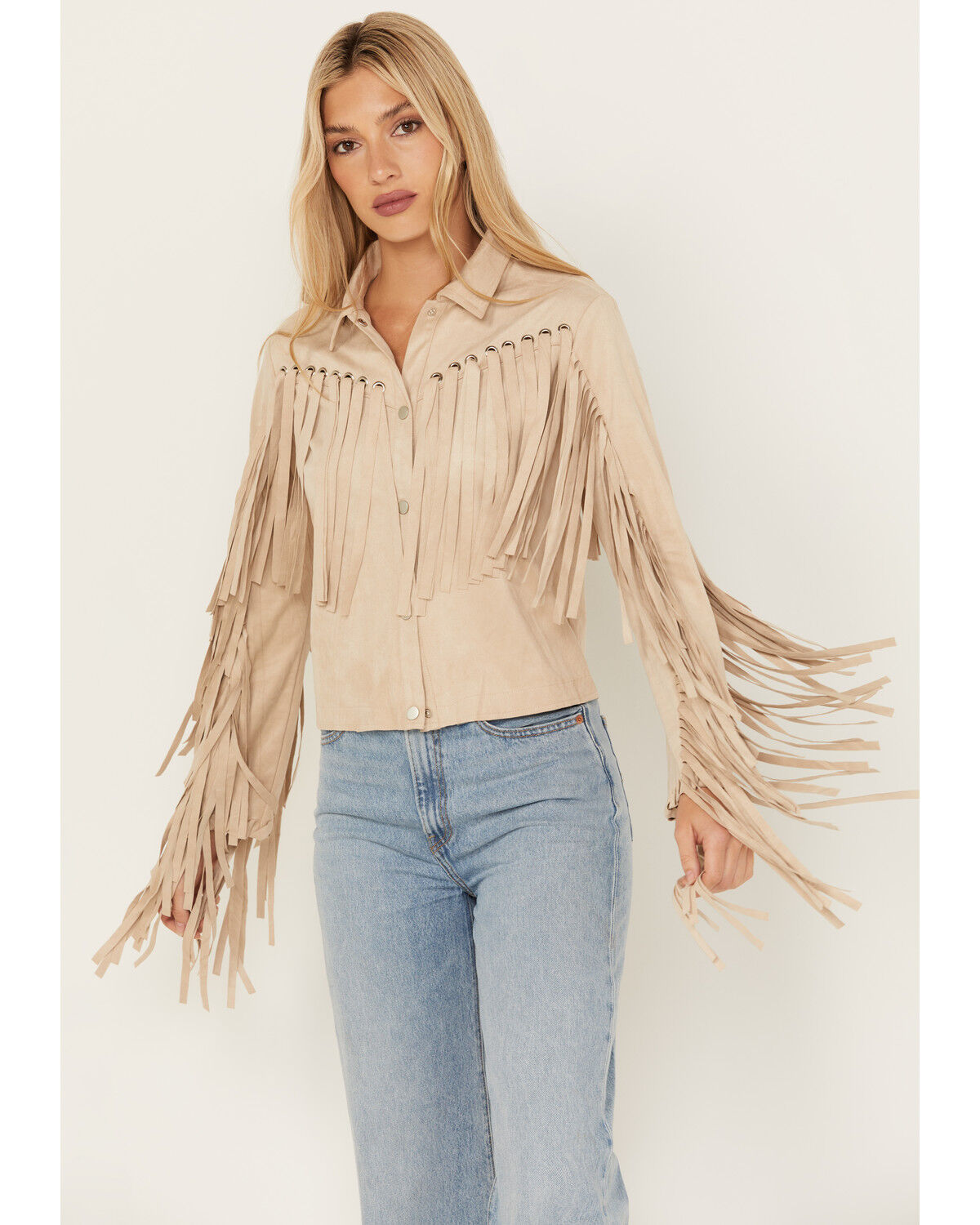 Image #1 - Blue B Women's Grommet Faux Suede Fringe Jacket, Beige, hi-res