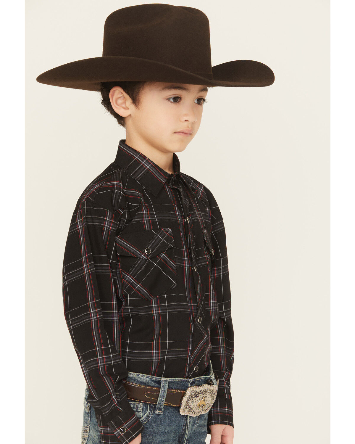 Image #2 - Roper Boys' Plaid Print Long Sleeve Snap Stretch Western Shirt, Black, hi-res
