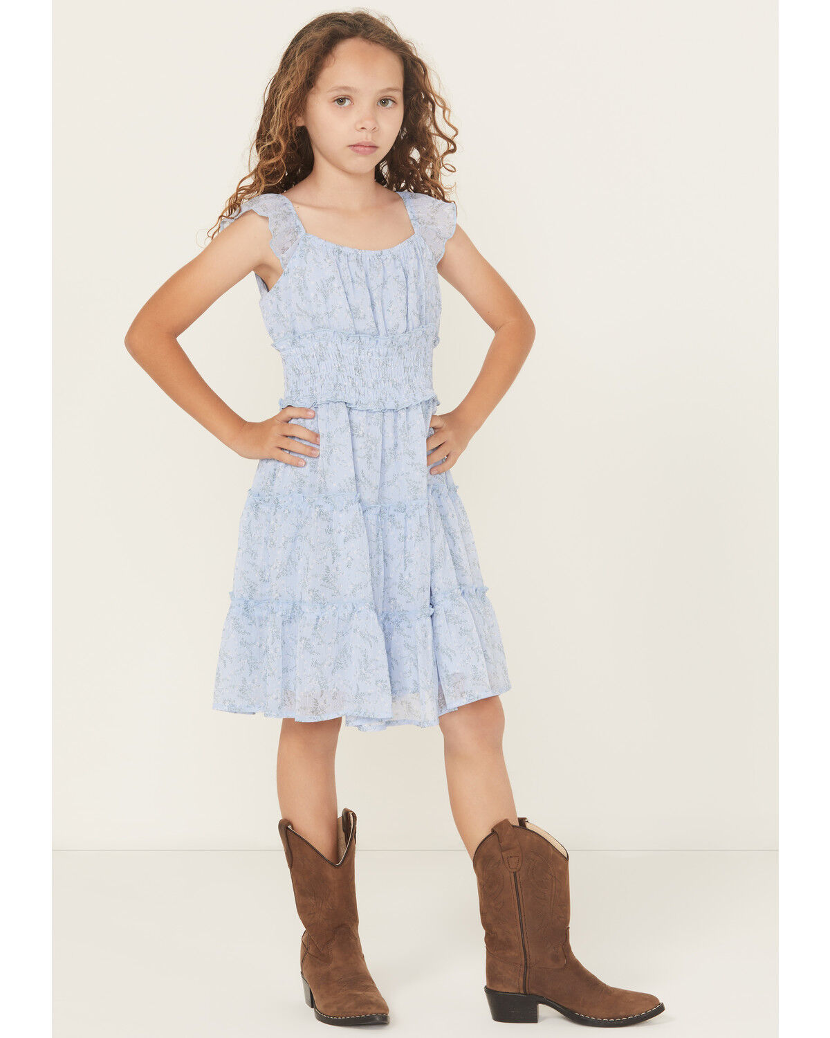 Image #1 - Ash & Violet Girls' Floral Print Ruffle Sleeve Dress, Blue, hi-res