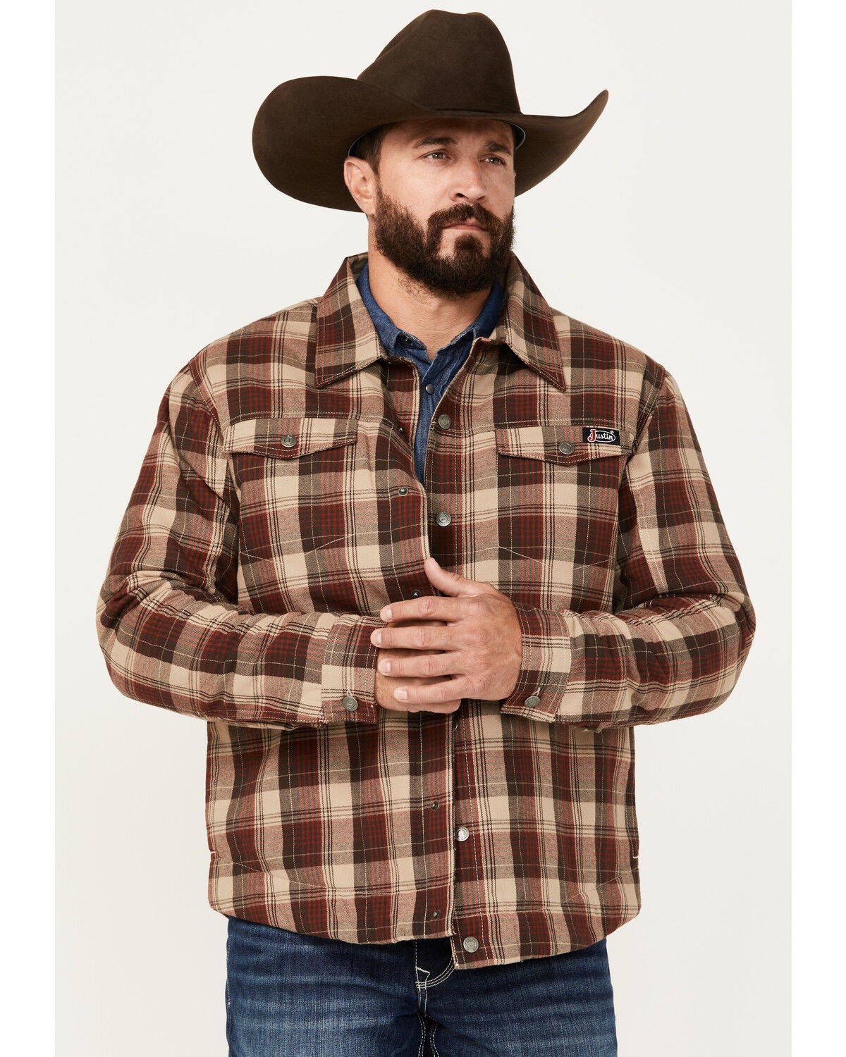 Justin Men's Jackson Plaid Print Snap Shacket, Rust Copper, hi-res