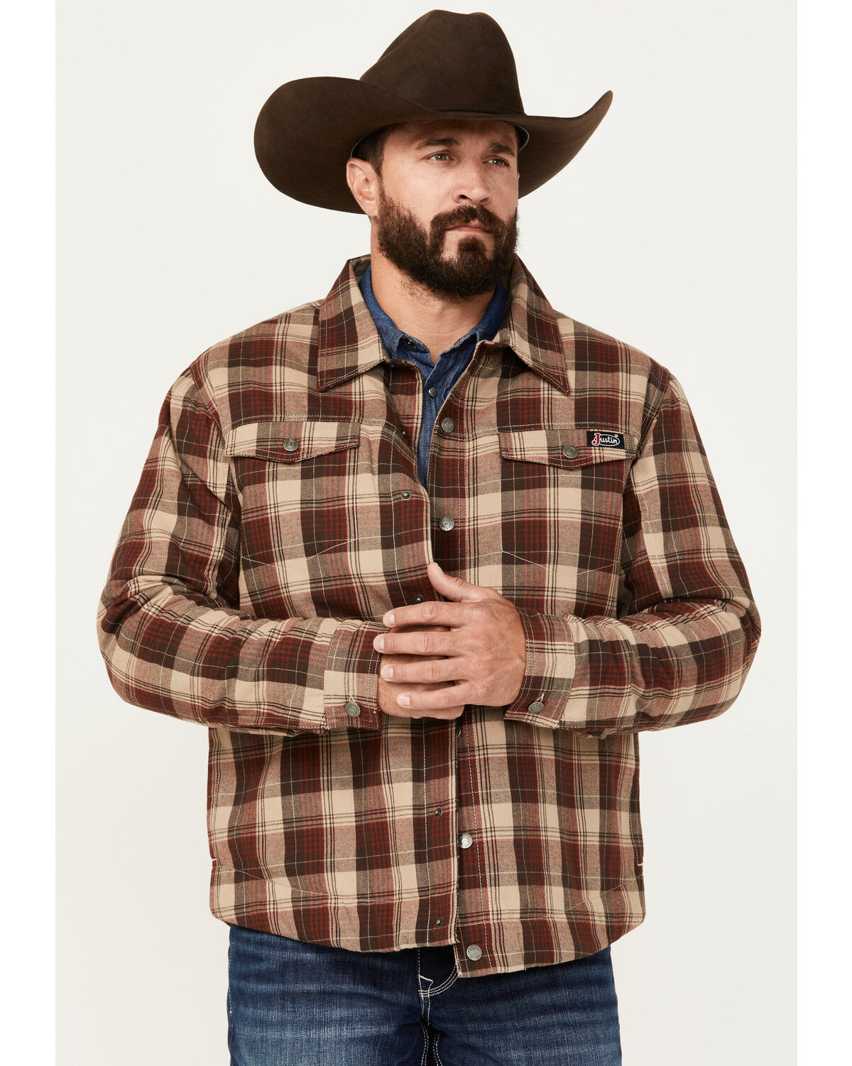 Image #1 - Justin Men's Jackson Plaid Print Snap Shacket, Rust Copper, hi-res