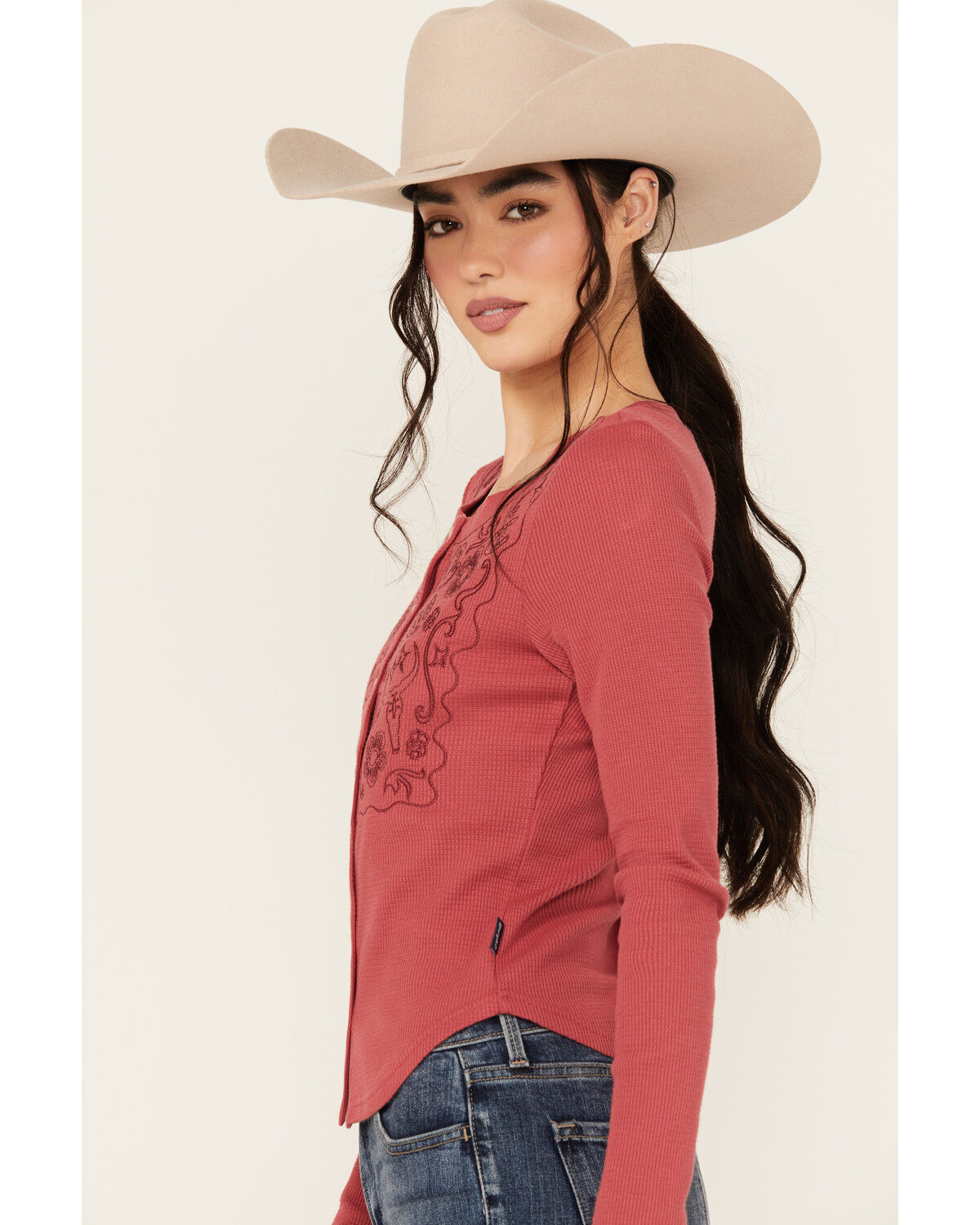Image #2 - Wrangler Women's Embroidered Long Sleeve Snap Shirt, Light Red, hi-res