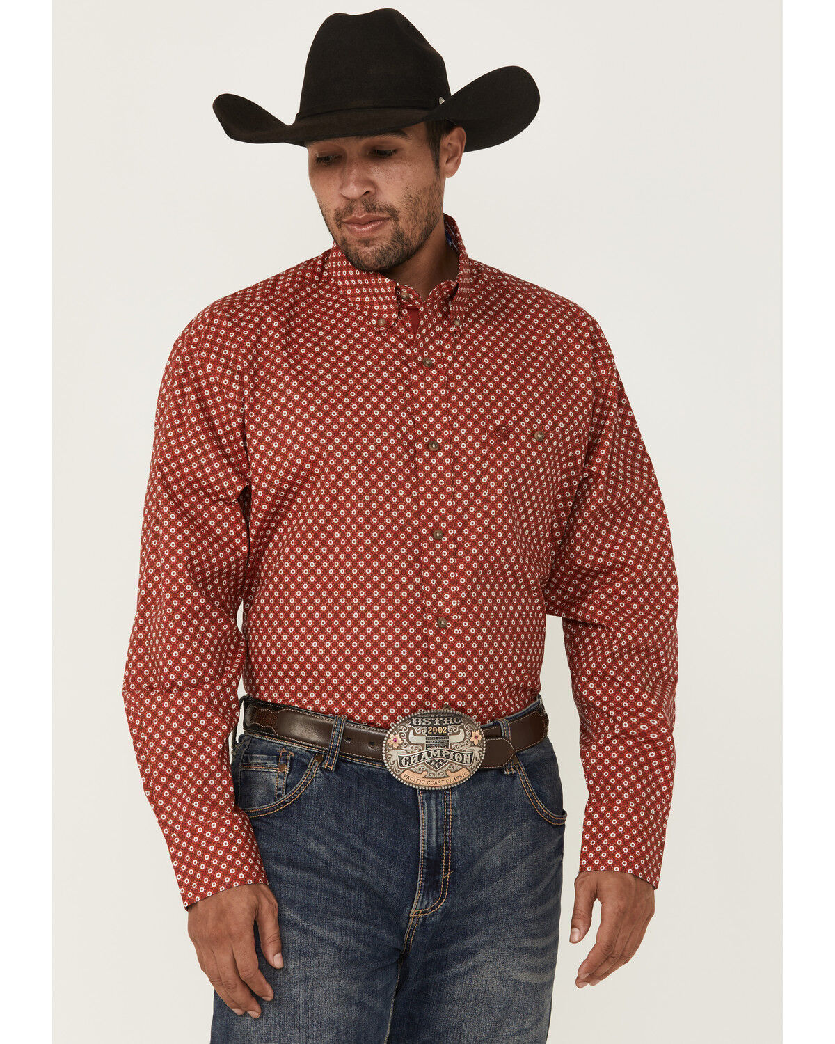 Image #1 - George Strait by Wrangler Men's Geo Print Long Sleeve Button-Down Stretch Western Shirt - Tall, Red, hi-res