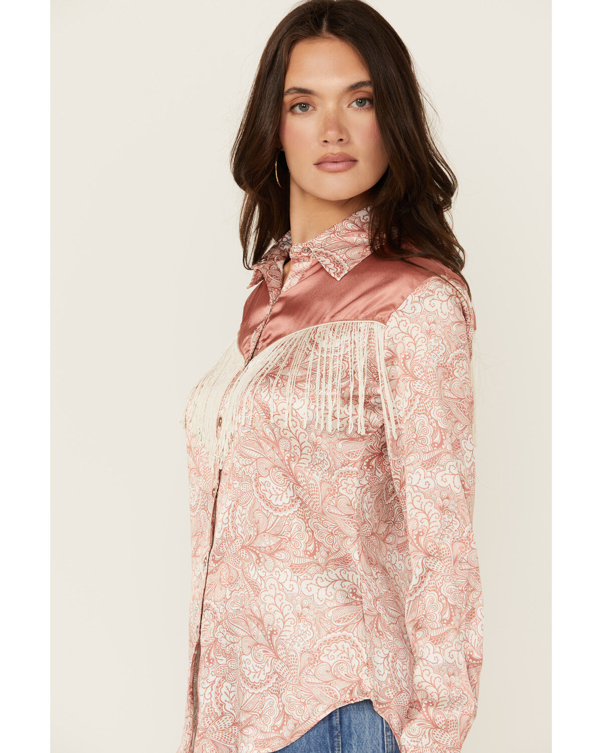 Image #2 - Scully Women's Paisley Print Fringe Long Sleeve Snap Western Shirt, Peach, hi-res
