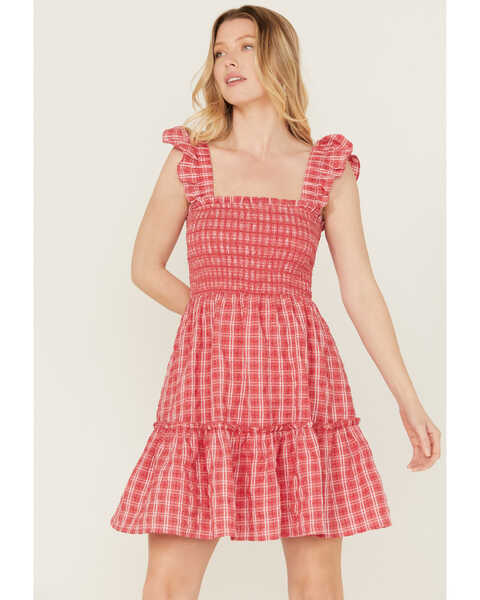 Image #1 - Yura Women's Smocked Checkered Mini Dress , Red, hi-res