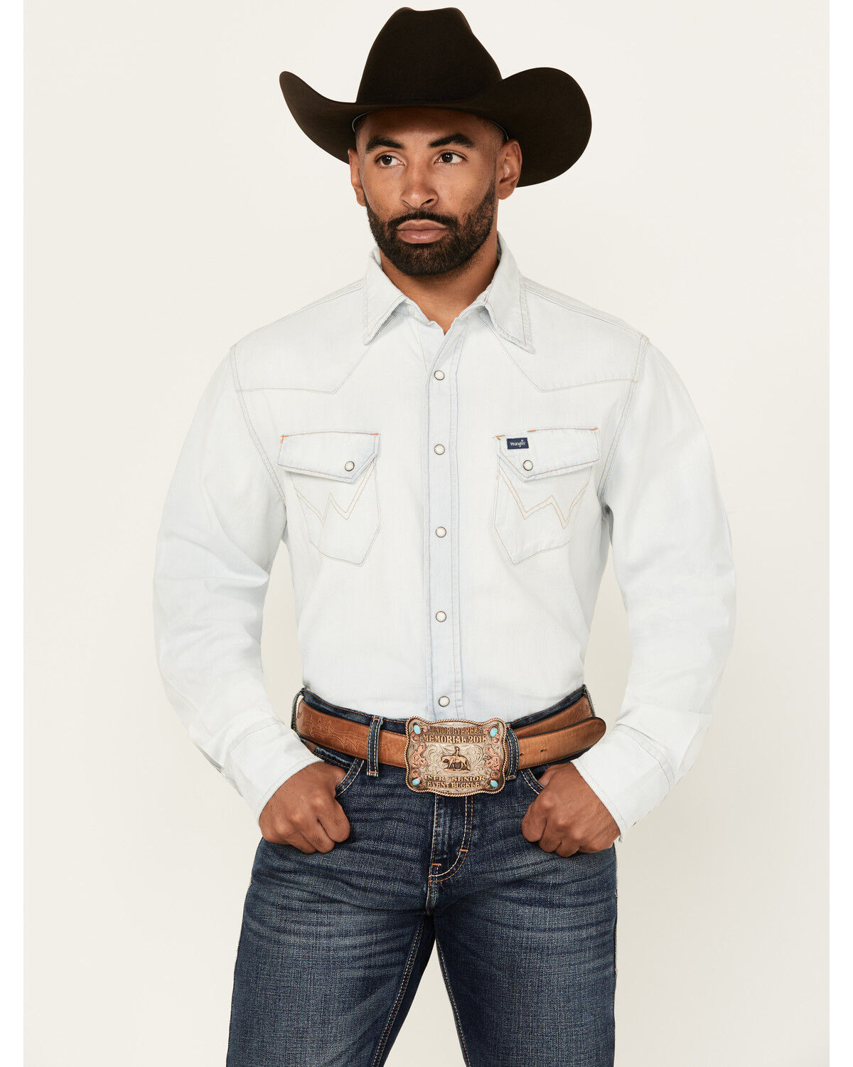 Image #1 - Wrangler Men's Light Wash Vintage Solid Long Sleeve Snap Western Shirt, Light Wash, hi-res