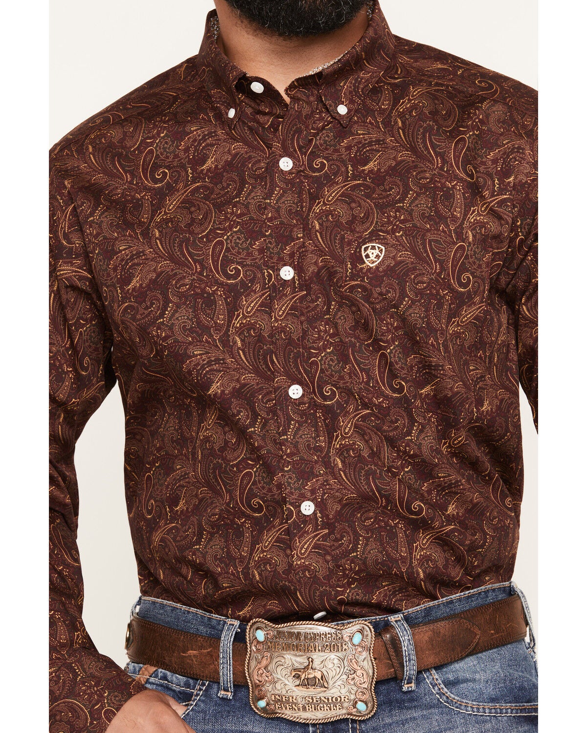 Image #3 - Ariat Men's Boot Barn Exclusive Reva Wrinkle Free Paisley Print Long Sleeve Button-Down Western Shirt, Burgundy, hi-res