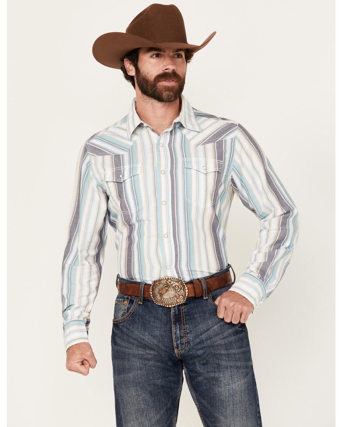 Wrangler Retro Men's Striped Long Sleeve Snap Western Shirt, Cream, hi-res