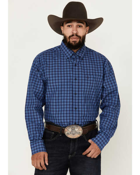 Image #1 - George Strait by Wrangler Men's Plaid Print Long Sleeve Button-Down Western Shirt, Dark Blue, hi-res