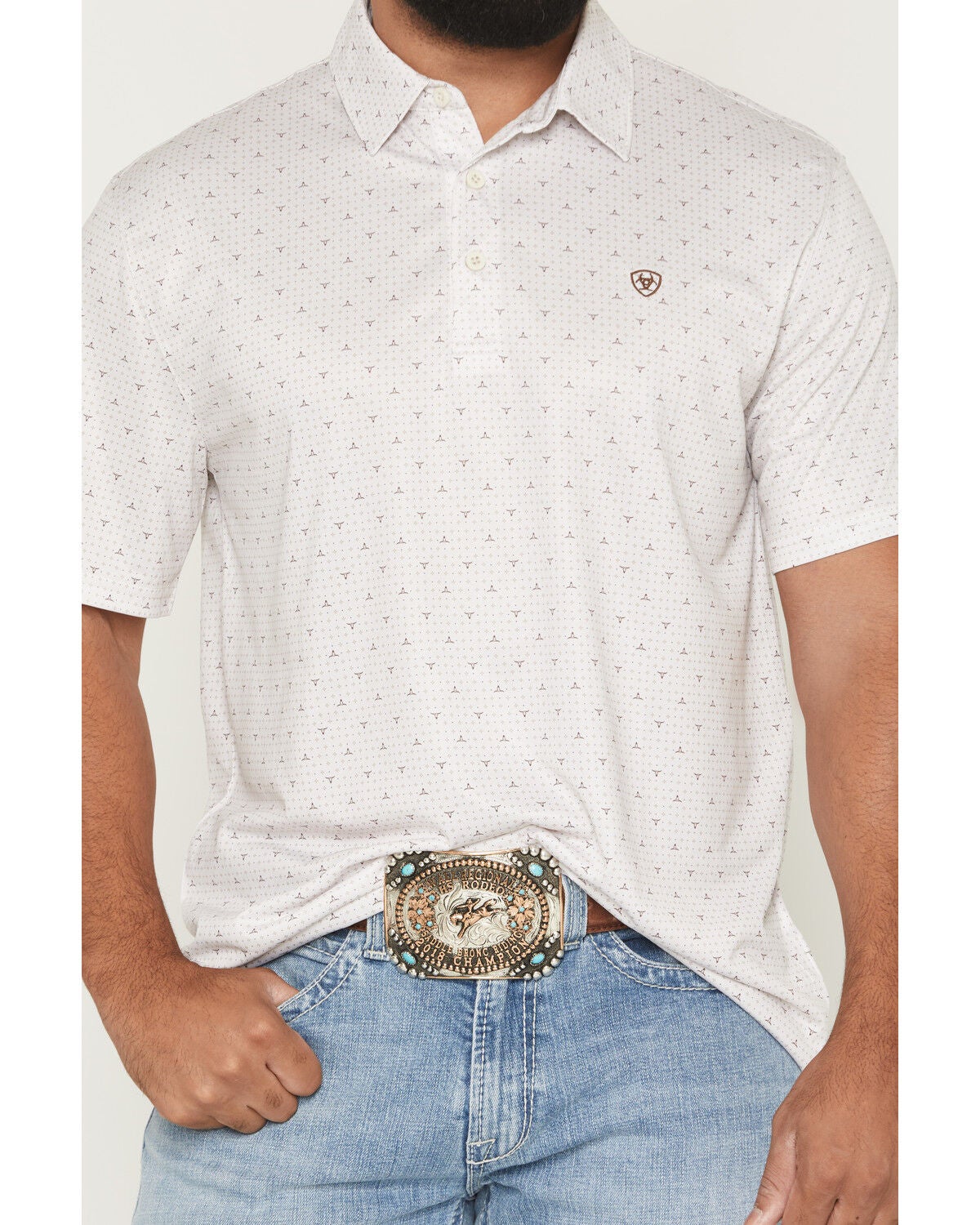 Image #3 - Ariat Men's Steer Print Short Sleeve Polo, White, hi-res