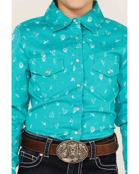 Shyanne Girls' Cactus Print Long Sleeve Western Pearl Snap Shirt, Turquoise, hi-res