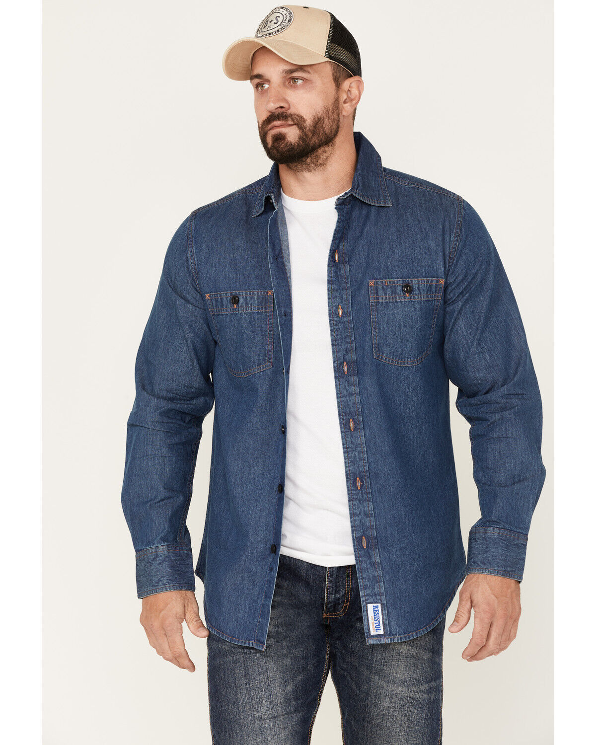Image #1 - Resistol Men's Aspen Denim Long Sleeve Button Down Shirt, Medium Wash, hi-res