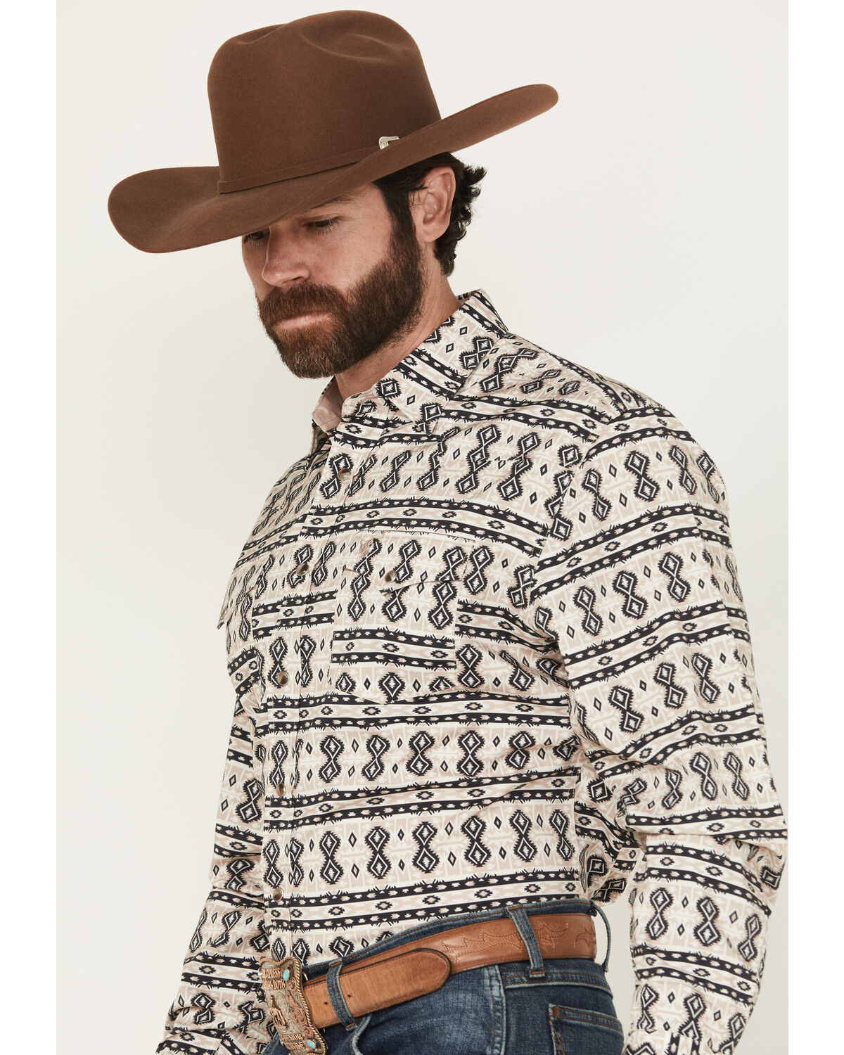 Image #2 - Rodeo Clothing Men's Southwestern Print Long Sleeve Snap Western Shirt, Tan, hi-res