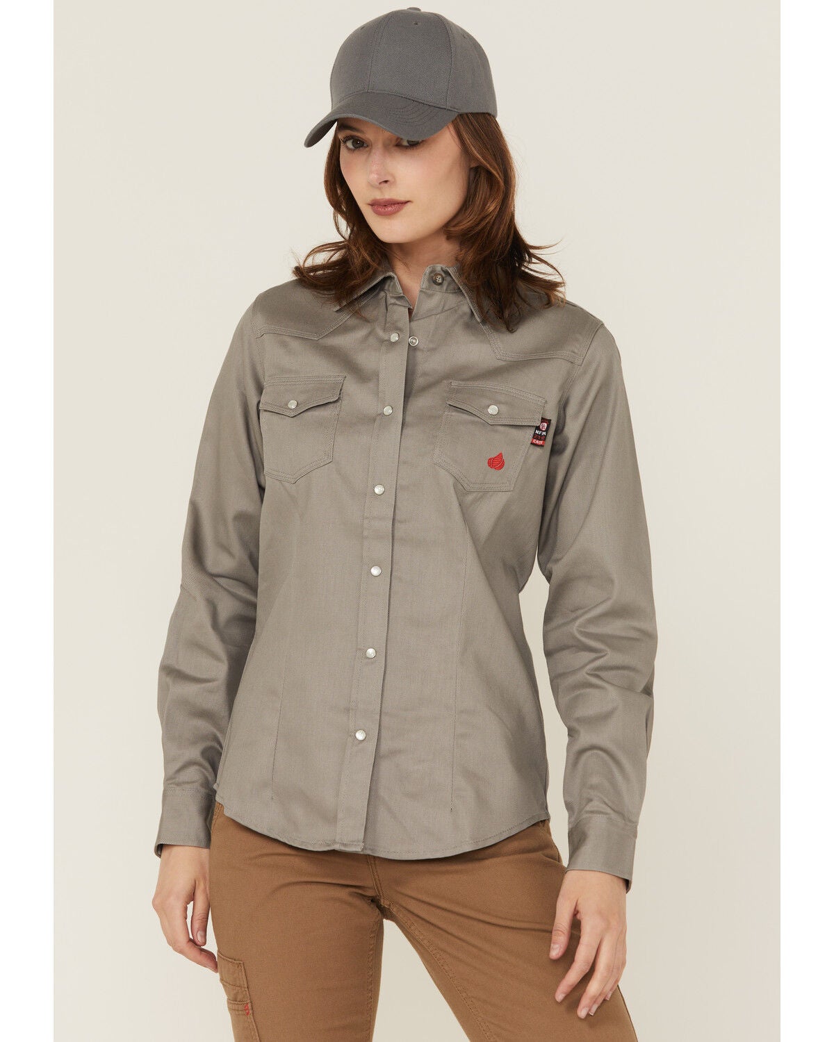 Forge Workwear Women's FR Solid Long Sleeve Snap Stretch Work Shirt, Grey, hi-res