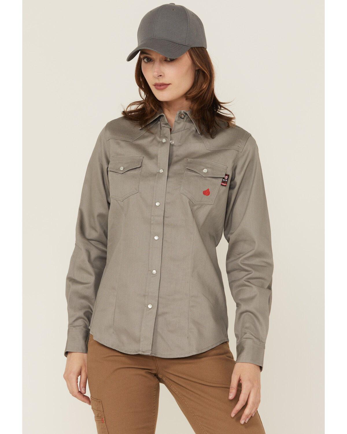 Image #1 - Forge Workwear Women's FR Solid Long Sleeve Snap Stretch Work Shirt, Grey, hi-res