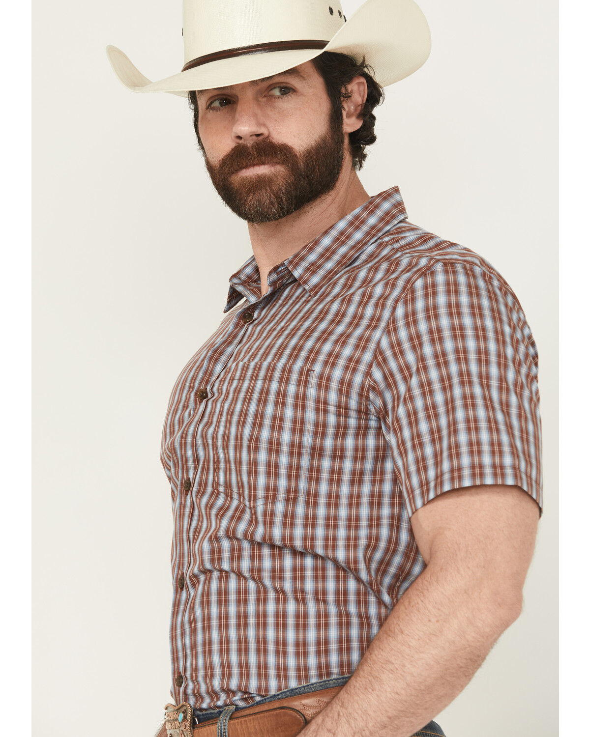 Image #2 - Gibson Trading Co Men's Mud Hole Plaid Print Short Sleeve Button-Down Western Shirt, Brown, hi-res