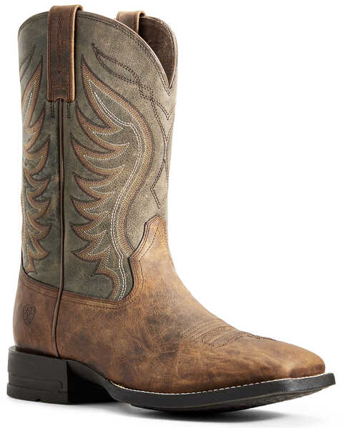 Ariat Men's Amos Shock Shield Quickdraw Western Performance Boots - Broad Square Toe, Green/brown, hi-res