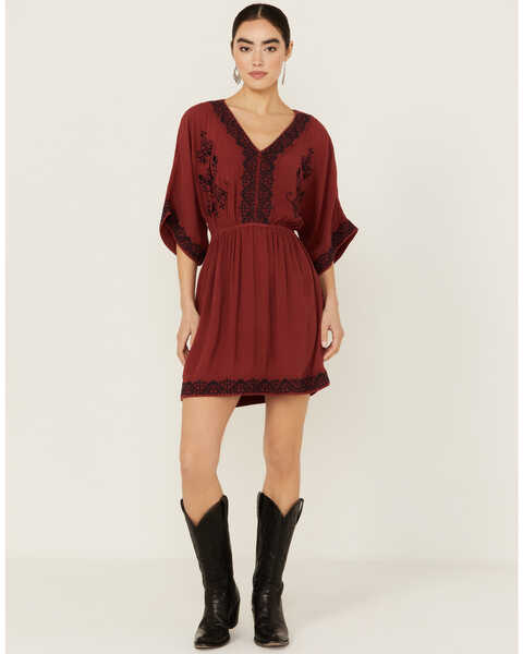 Image #1 - Shyanne Women's Embroidered Dolman Sleeve Dress, Brick Red, hi-res