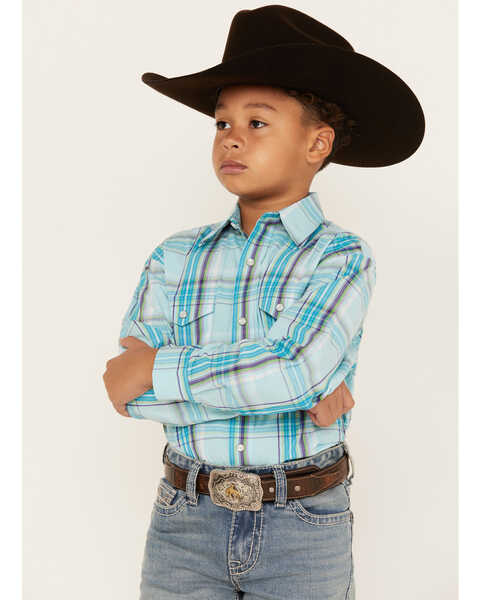 Image #2 - Panhandle Boys' Plaid Print Long Sleeve Pearl Snap Western Shirt, Turquoise, hi-res