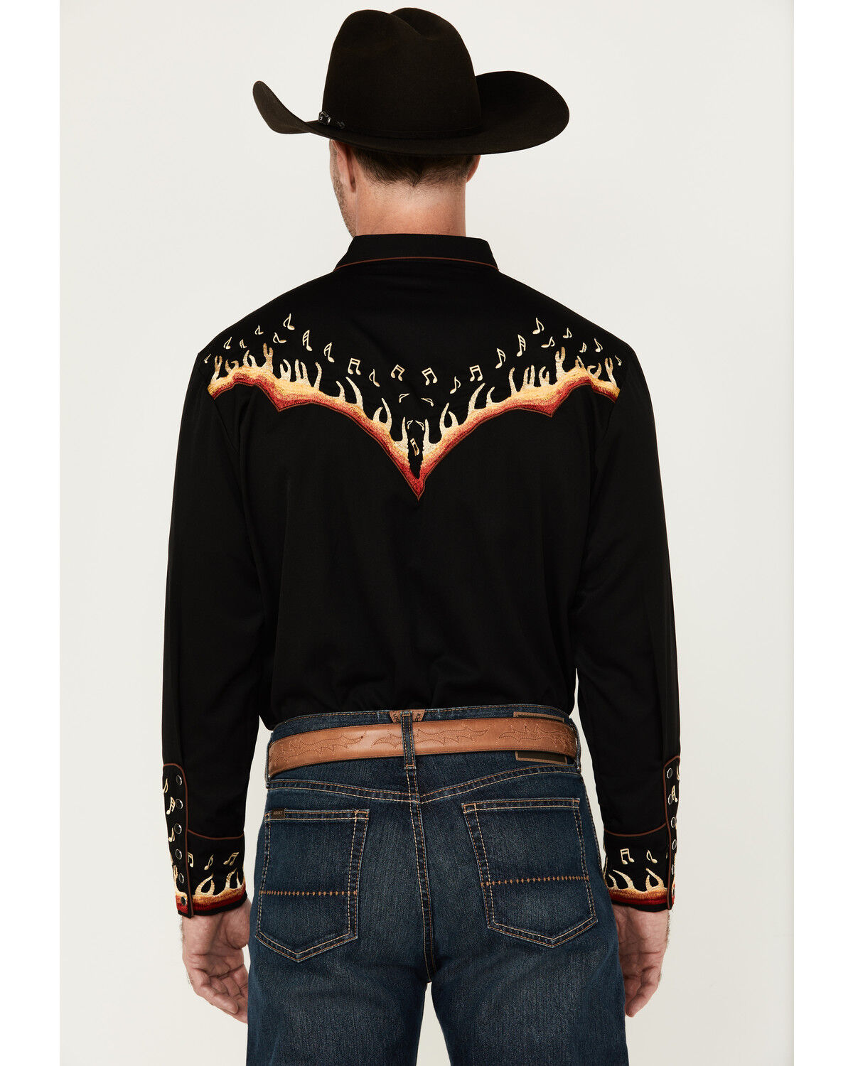 Image #4 - Scully Men's Music Note Flame Embroidered Long Sleeve Snap Western Shirt, Black, hi-res