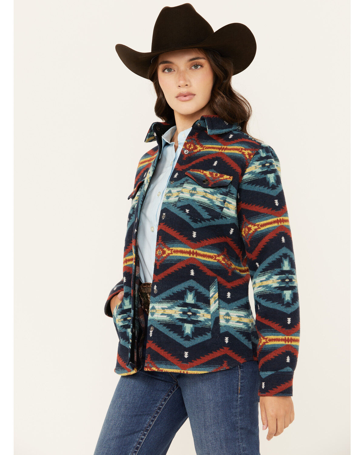 Image #1 - Panhandle Women's Southwestern Print Wool Jacket, Navy, hi-res