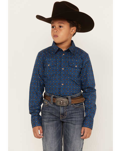 Cody James Boys' Prime Time Geo Print Long Sleeve Western Snap Shirt , Dark Blue, hi-res