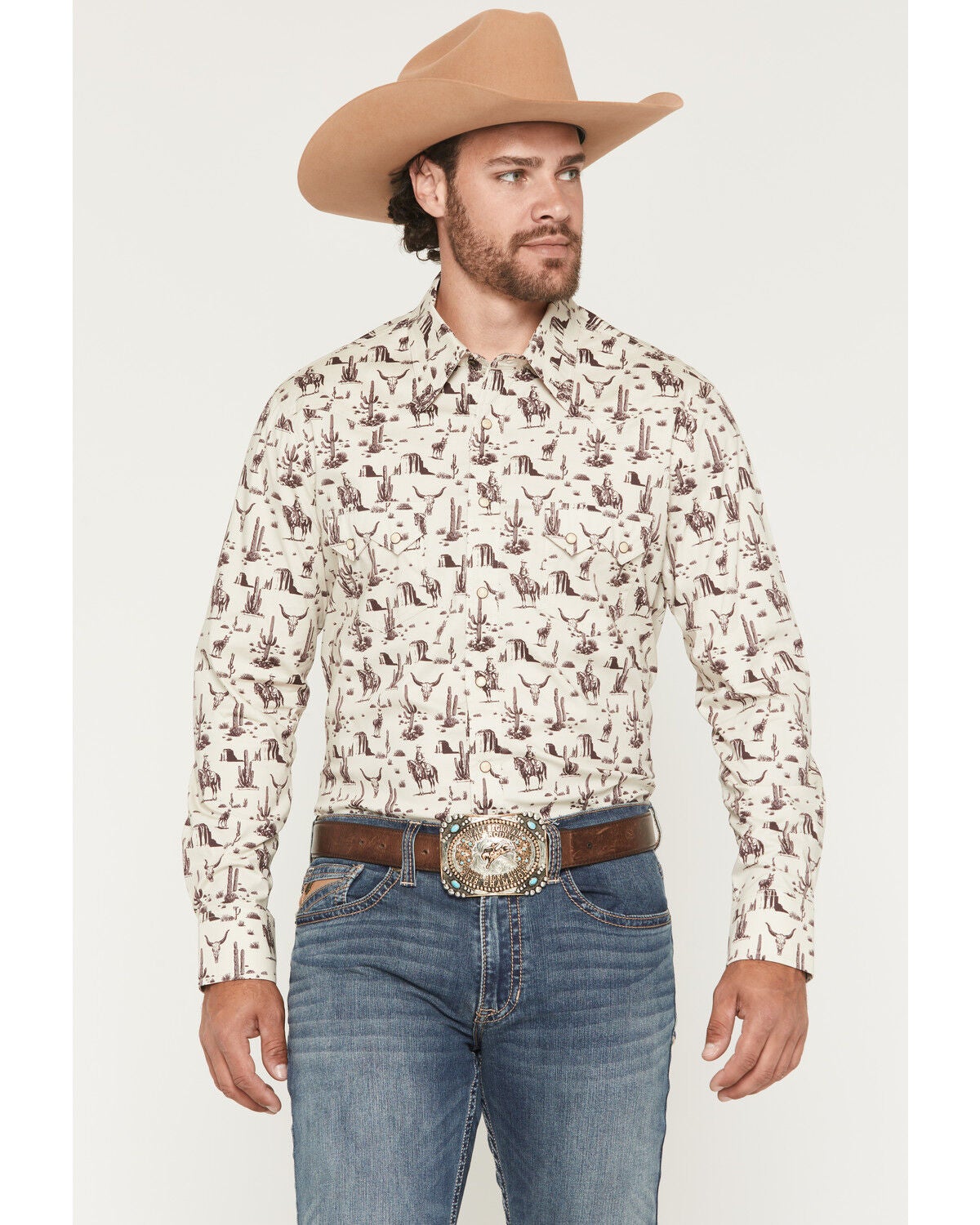Rock & Roll Denim Men's Conversational Print Long Sleeve Snap Western Shirt, Cream, hi-res