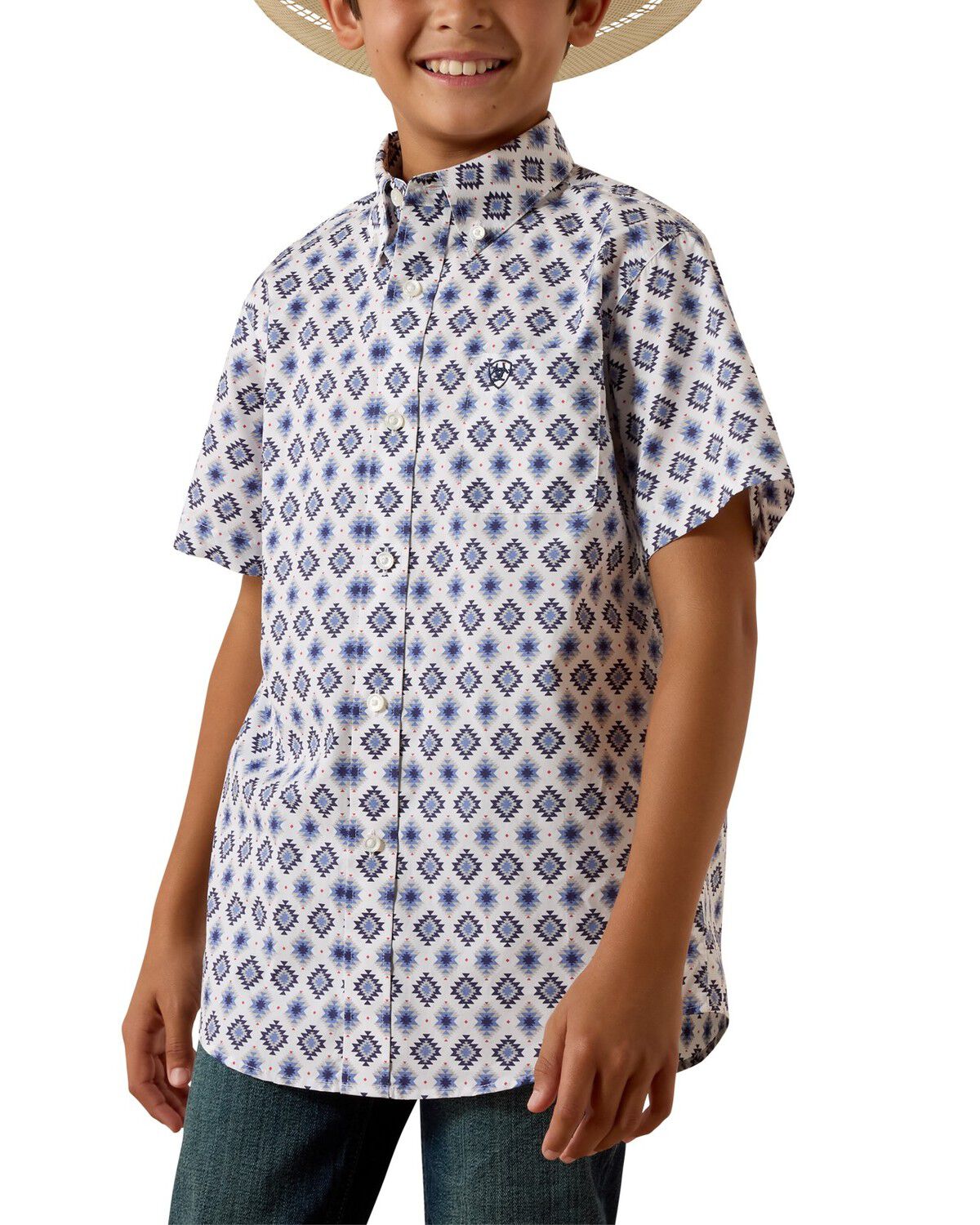 Ariat Boys' Southwestern Print Short Sleeve Button-Down Western Shirt, White, hi-res